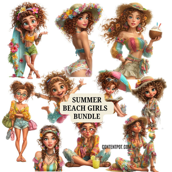 Summer Beach Girls Clipart Bundle PNG | Beach Girl Clipart for Print on Demand, Sublimation & Cricut