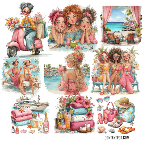 Summer Beach Girls Clipart Bundle PNG | Beach Girl Clipart for Print on Demand, Sublimation & Cricut