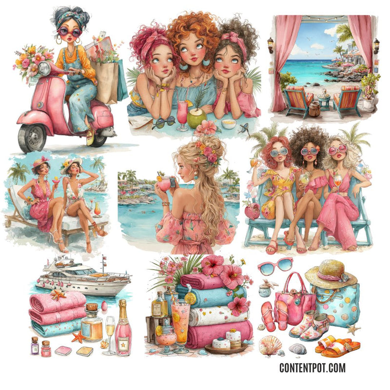 Summer Beach Girls Clipart Bundle PNG | Beach Girl Clipart for Print on Demand, Sublimation & Cricut