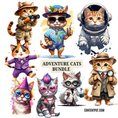 200 Adventure Cats Clipart Designs | Cute Cat Apparel PNG Bundle