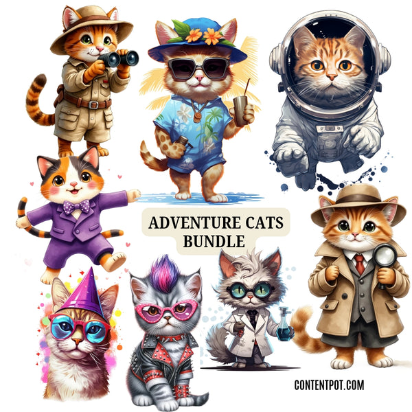 200 Adventure Cats Clipart Designs | Cute Cat Apparel PNG Bundle