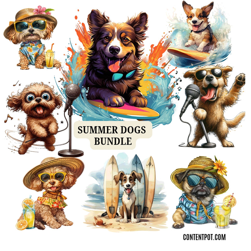 400 Summer Dogs PNG | Surf Beach Dog  |T-Shirt Design Bundle