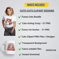 400 Funny & Whimsical cats |Cute Cat cliparts | Print on Demand PNG