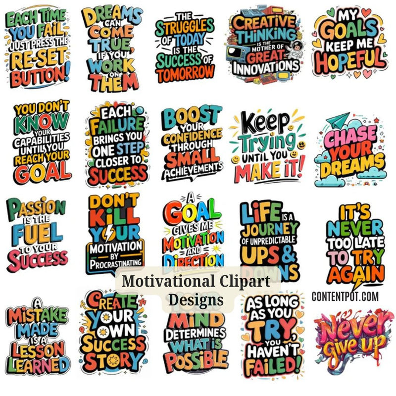 Motivational Clipart Designs | 500 Inspirational Quote PNGs  | Instant Download